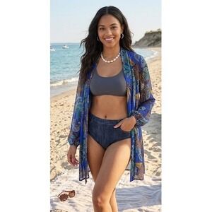 Susan Graver Blue Paisley Floral Mesh Open Front Cardigan Kimono Size Medium